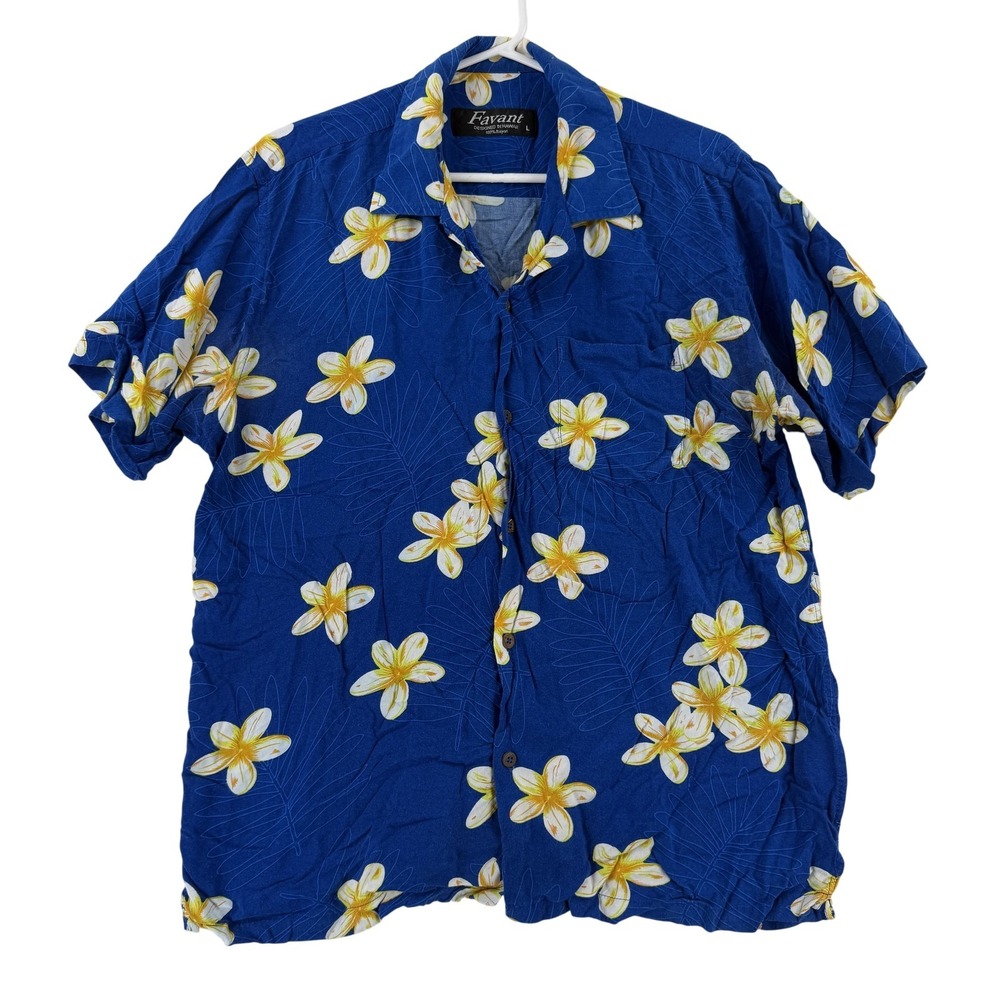 Favant Shirt Mens Large Blue Floral Hawaiian Short Sleeve Button Up Rayon Aloha